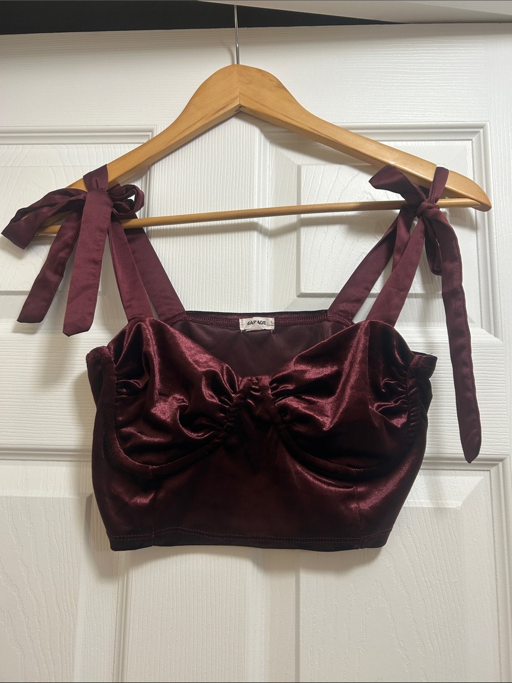 Garage Burgundy Velvet & Satin Tie-Shoulder Crop Top